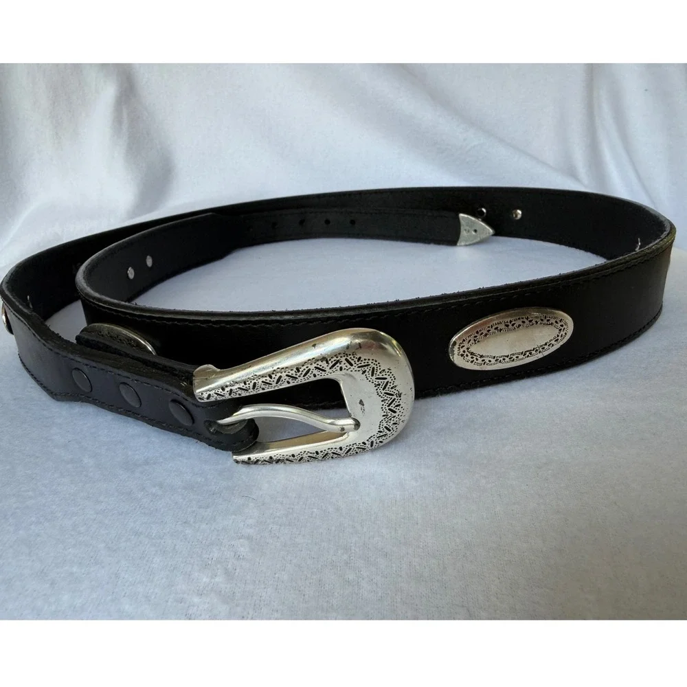 Brighton Leather Belt Womens 46 Black Western Silver Concho Engraved Buckle